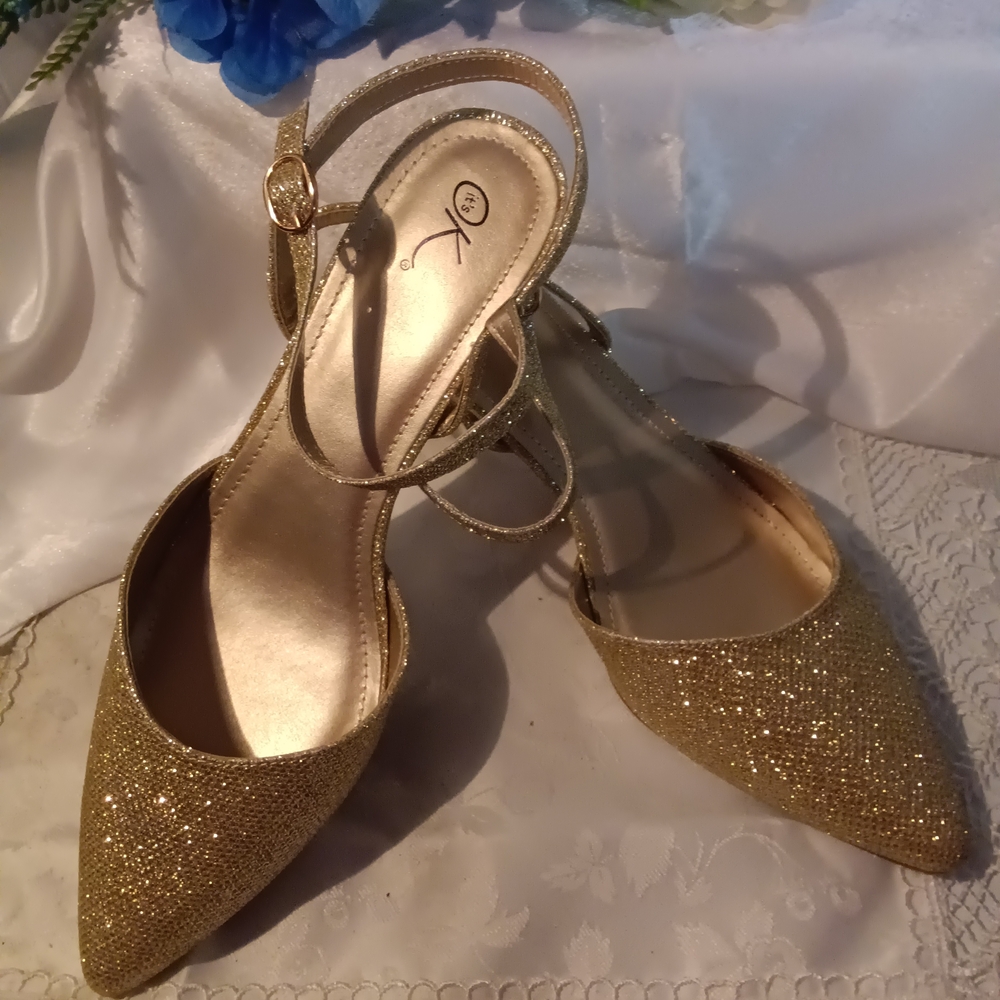 Gold Glitter Heels with Ankle Strap